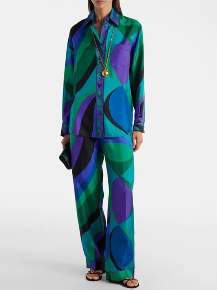 Women Fashion Usa - Retro geometric print lapel straight tube