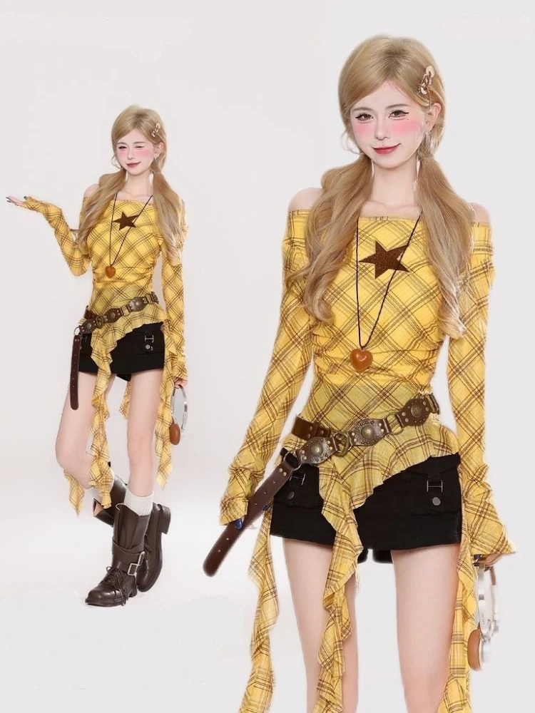 Y2K Plaid Slash Neck Vintage T - Women'S Y2K Fashion Aesthetic 评论和价格