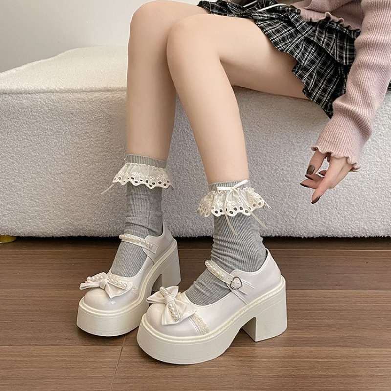 Retro Pearl Bow Knot Thick Bot - Women'S Fashion Kilt 评论和价格
